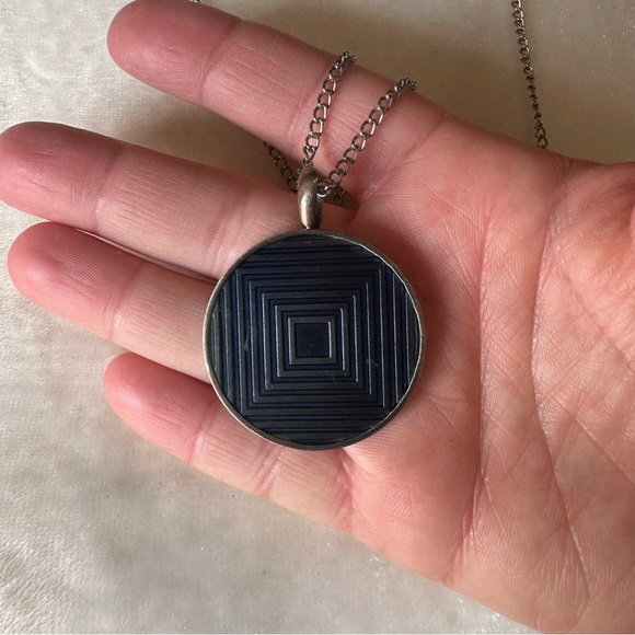 Blue Geometric Textured Metal Pendant and Silver Tone Chain - Picture 6 of 6